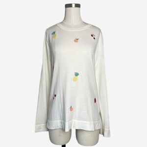 Jcrew Factory Embroidered Fruit Teddie sweater coastal grandma eclectic preppy M